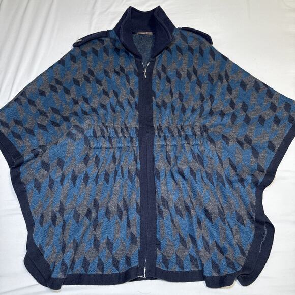 Heather B Poncho Womens Lg Wool Blend Blue Gray Full Zip Knit Sweater Cape EUC - Picture 1 of 16